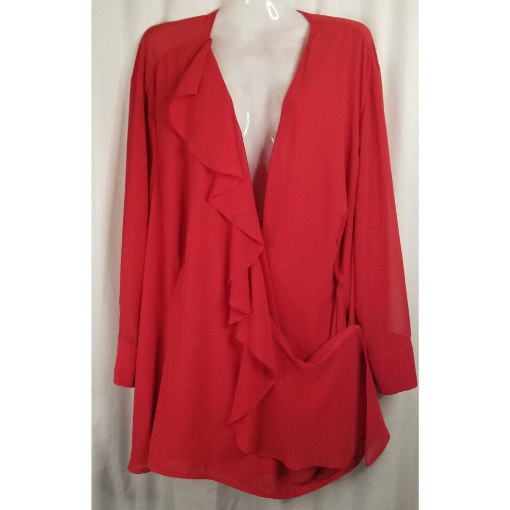 Avenue Women's Top Blouse Red Ruffle Wrap Sheer 3/4 Sleeve V-Neckline Size 26/28